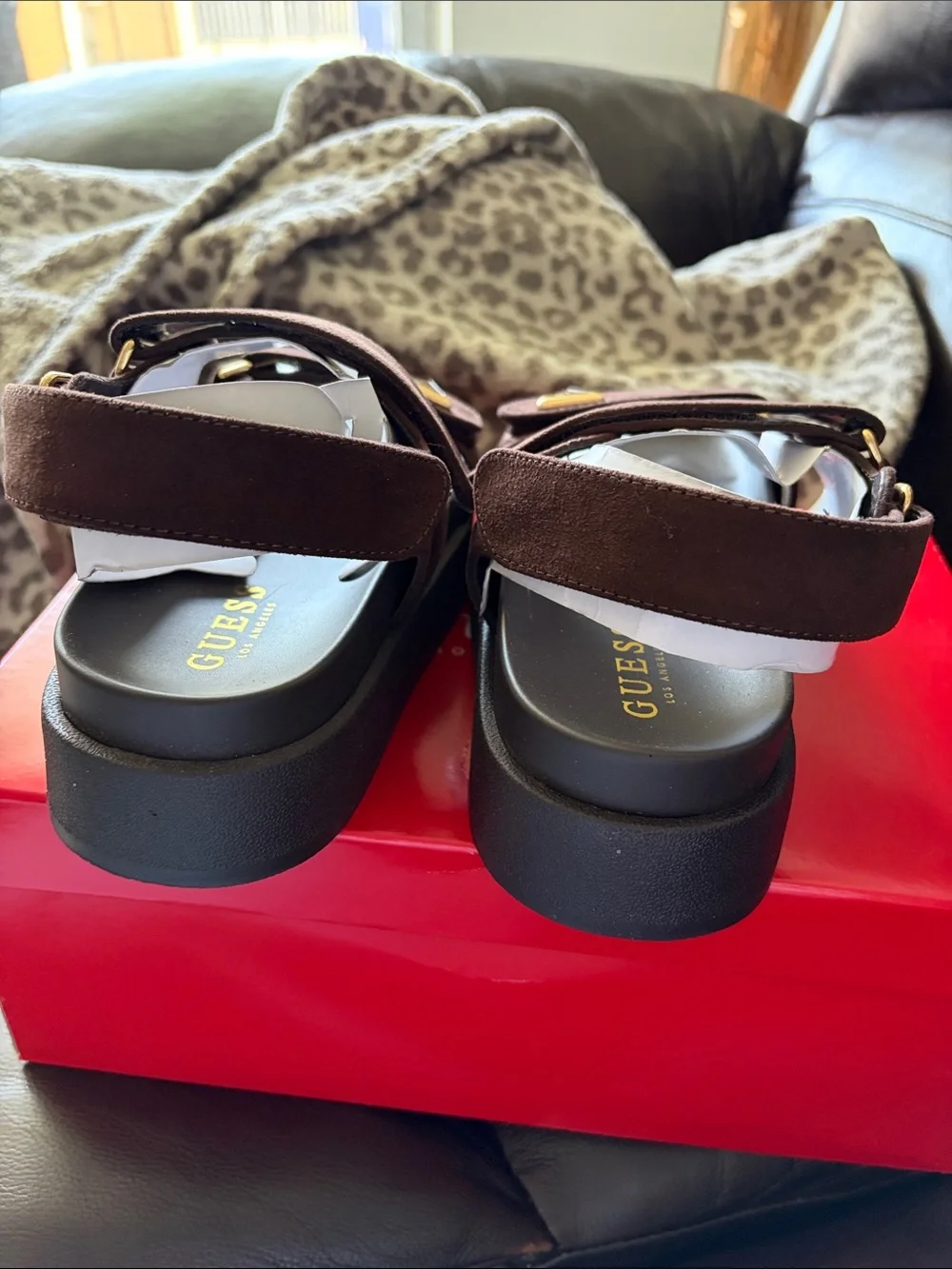 Guess Brown Suede Double-Strap Sandals with Gold Accents